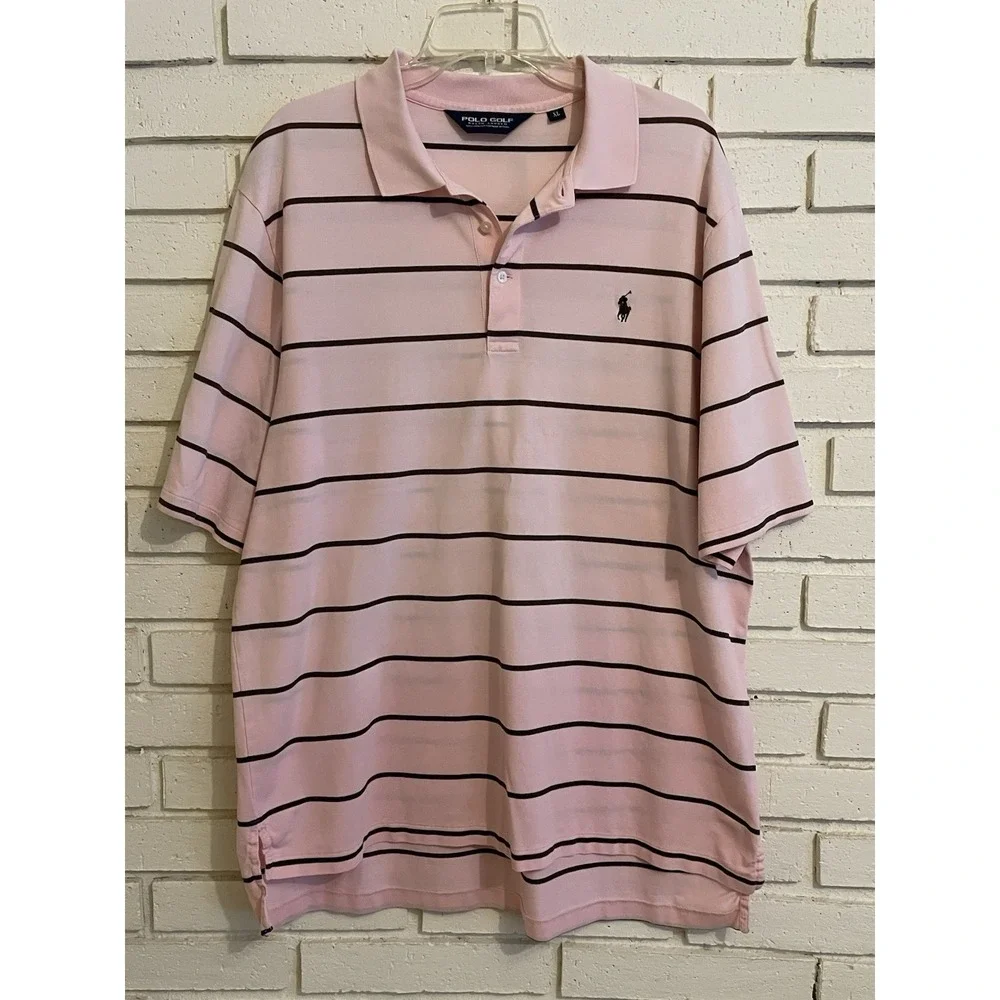 Polo Ralph Lauren Shirt Men's XL Pink & Brown Striped Pima Cotton Pony Logo Polo